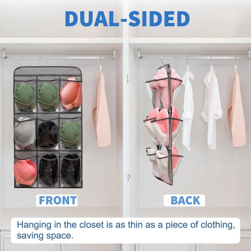 TEMUORG 2 Pcs Closet Organizer Dual Sided Hanging Shoe Storage Bag Underwear Socks Holder with 18 Pockets (CLEAR POCKETS) - Image 3